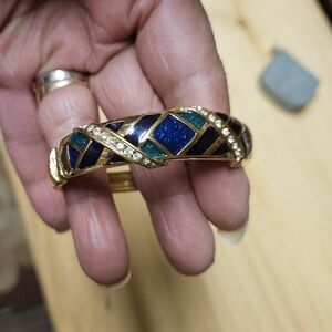 Vintage Butler Blue and Green Enamel with Pavé Hinged Bracelet